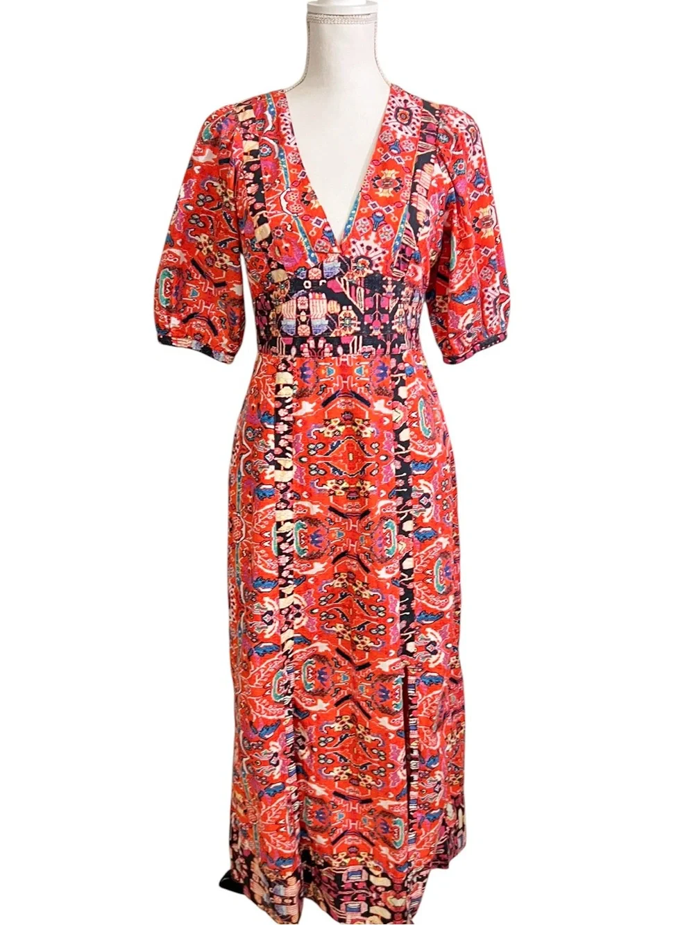 Anthropologie Midi Dress Cotton Patchwork Paisley Tile Print Puff Sleeve Size 4 - Picture 2 of 8